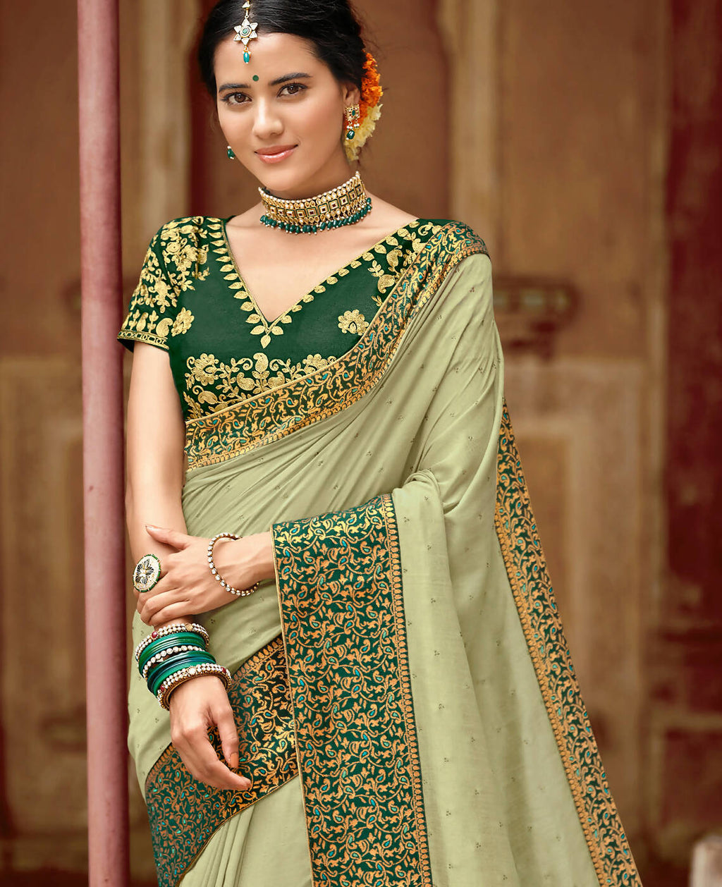 Green Vichitra Stone Work Saree With Unstitched Blouse Piece - Rosy | Grocsy