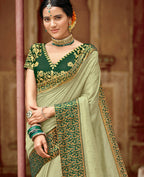Green Vichitra Stone Work Saree With Unstitched Blouse Piece - Rosy | Grocsy