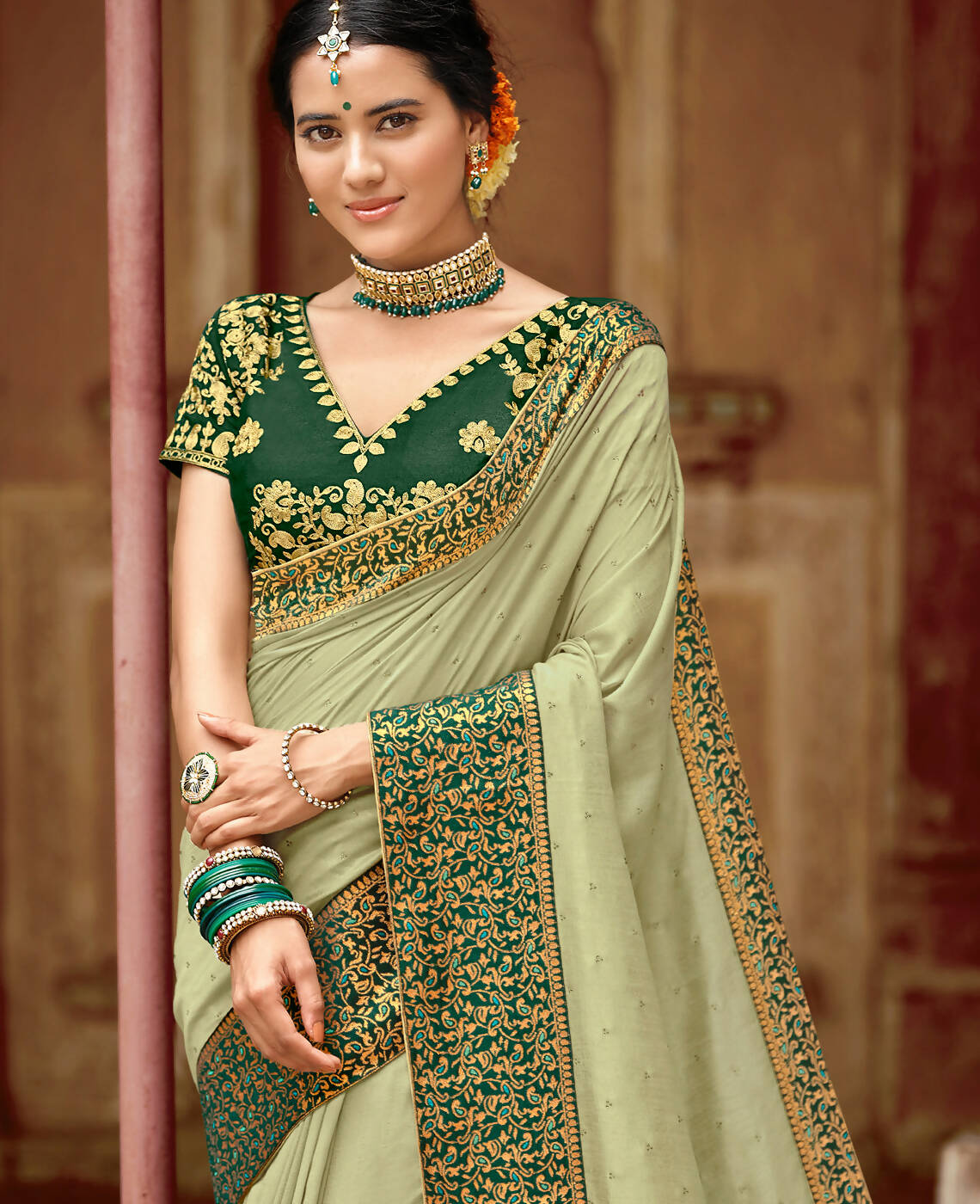 Green Vichitra Stone Work Saree With Unstitched Blouse Piece - Rosy | Grocsy