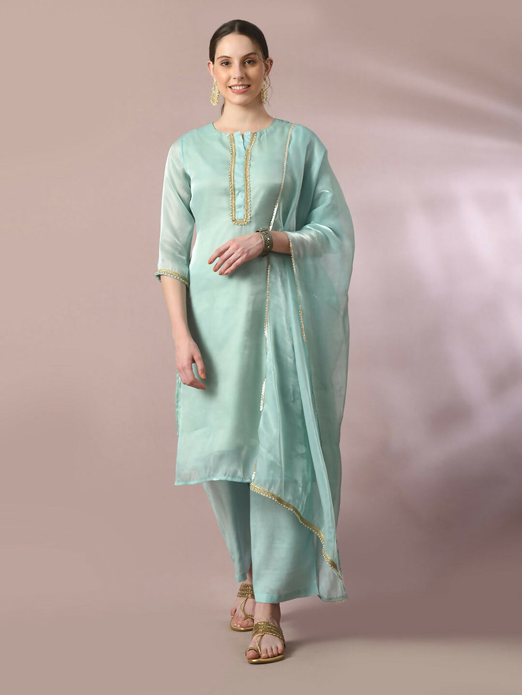 Myshka Women's Sea Green Solid Straight Party Kurta Set With Dupatta | Grocsy