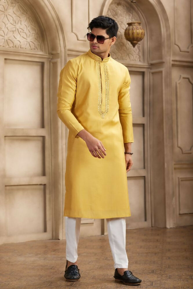 Raivat Ethnic Banarasi Art Silk Mirror Work Kurta Pajama In Rust Colour | Grocsy