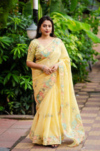 Yellow Pure Linen Ethnic Motifs Saree with Unstitched Blouse - A2M | Grocsy