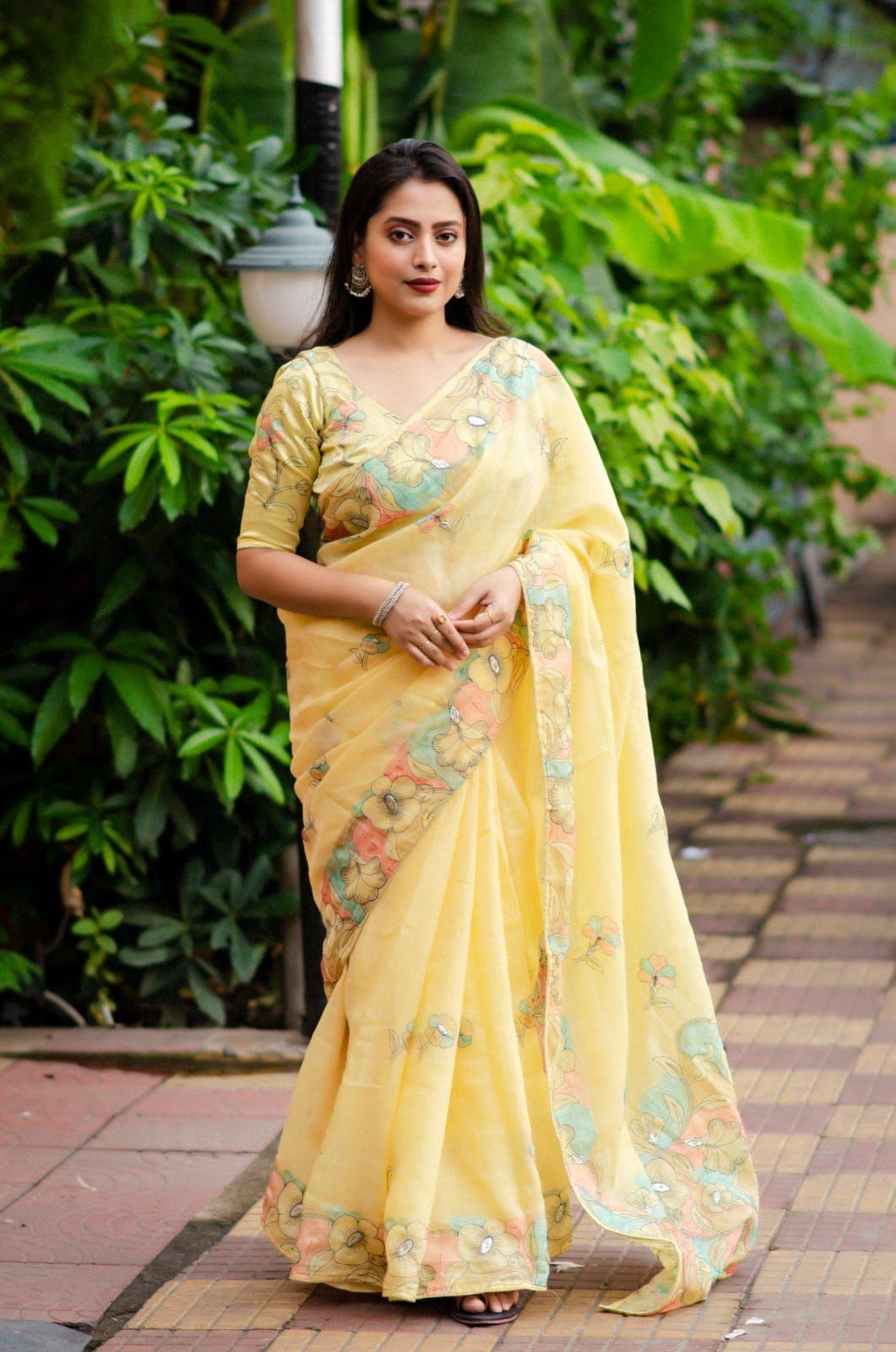 Yellow Pure Linen Ethnic Motifs Saree with Unstitched Blouse - A2M | Grocsy