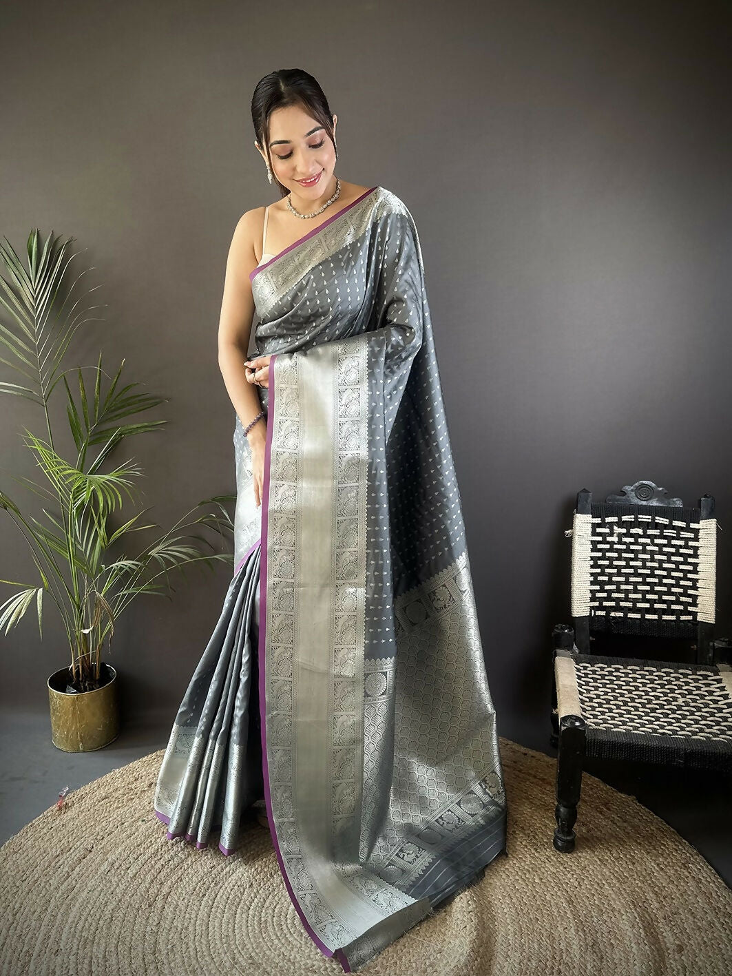 Joban Fashion Grey Small Butti Banarasi Silk Sarees | Grocsy