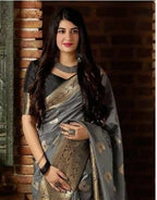 DEIANA'S Beautiful Designer Golden zari Soft Lichi Silk Saree - Grey | Grocsy