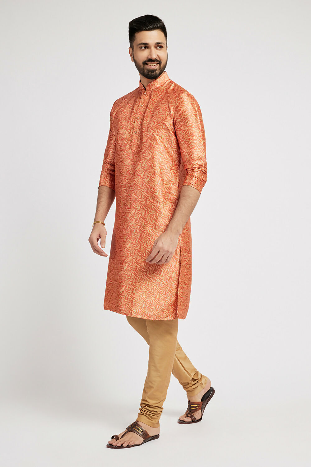 Ethnic India Orange Men's Kurta Bandhani Polyester | Grocsy