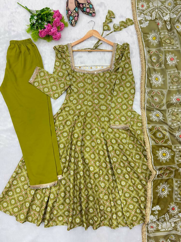 Teeya Creation Olive Green Floral Printed Anarkali Suit with Detailed Square Neckline | Grocsy