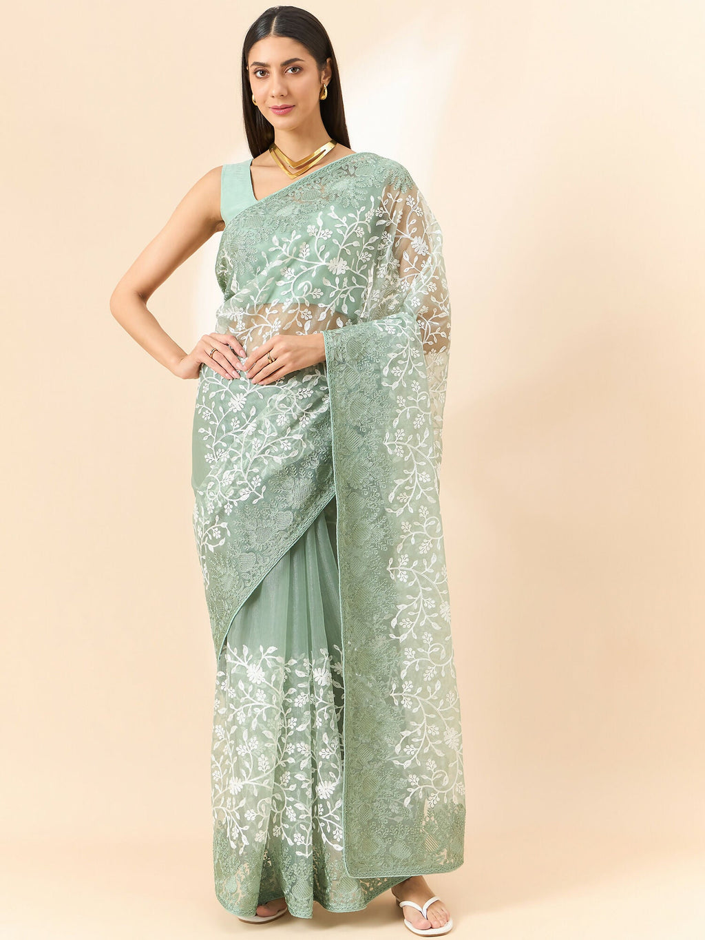 Green Organza Floral Embroidered Saree with Unstitched Blouse Piece - Roozal | Grocsy