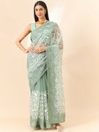 Green Organza Floral Embroidered Saree with Unstitched Blouse Piece - Roozal | Grocsy