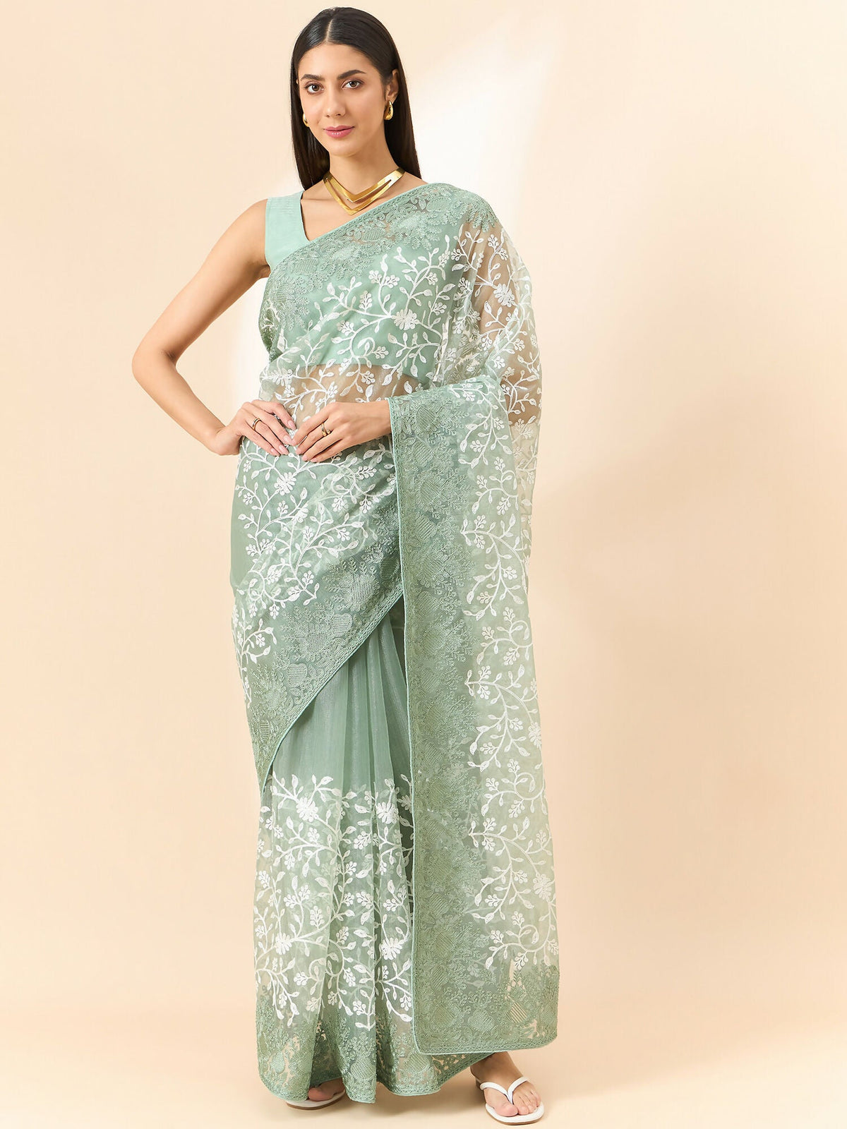 Green Organza Floral Embroidered Saree with Unstitched Blouse Piece - Roozal | Grocsy