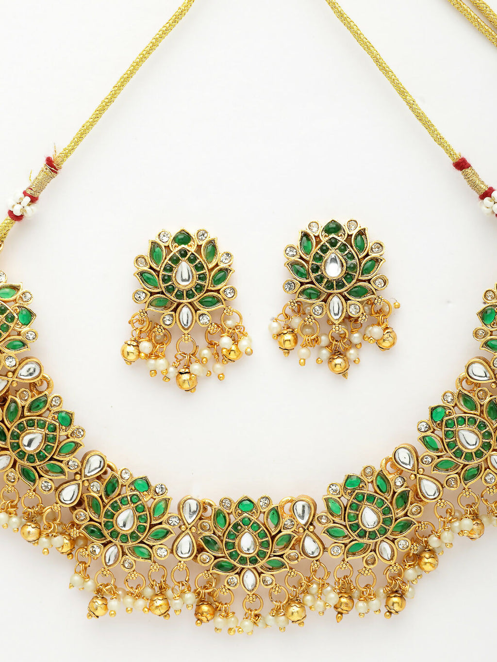 NVR Women's Gold-Polished Green Kundan- Studded & Beaded Handcrafted Temple Jewellery Set | Grocsy