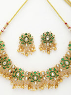 NVR Women's Gold-Polished Green Kundan- Studded & Beaded Handcrafted Temple Jewellery Set | Grocsy