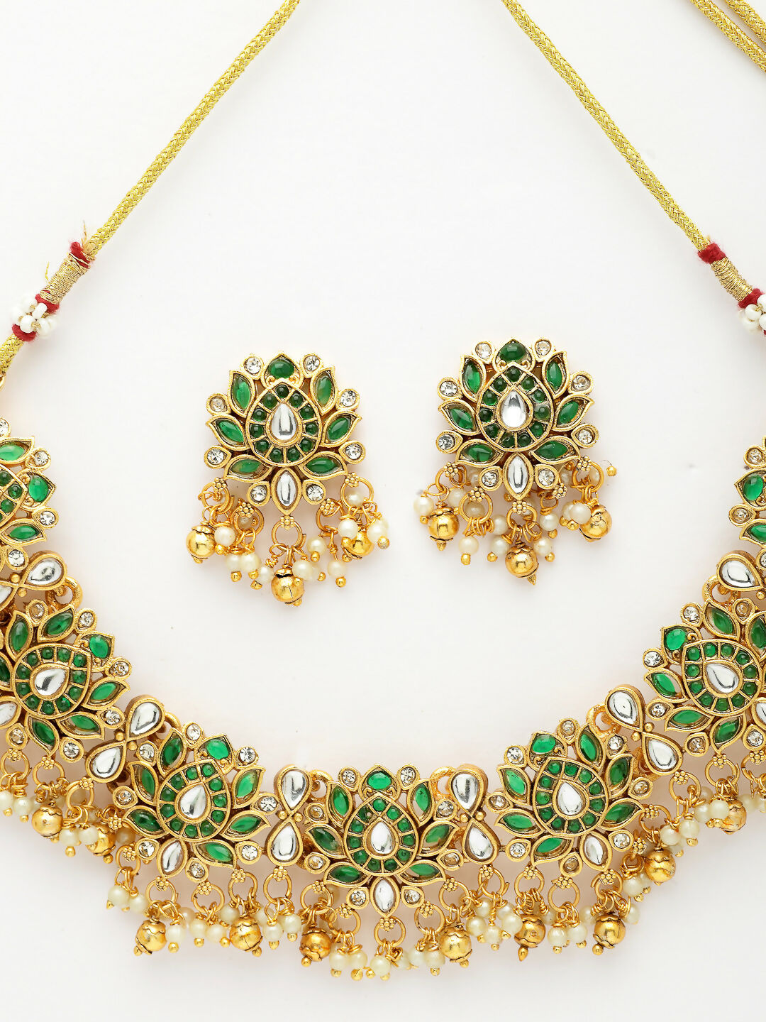 NVR Women's Gold-Polished Green Kundan- Studded & Beaded Handcrafted Temple Jewellery Set | Grocsy