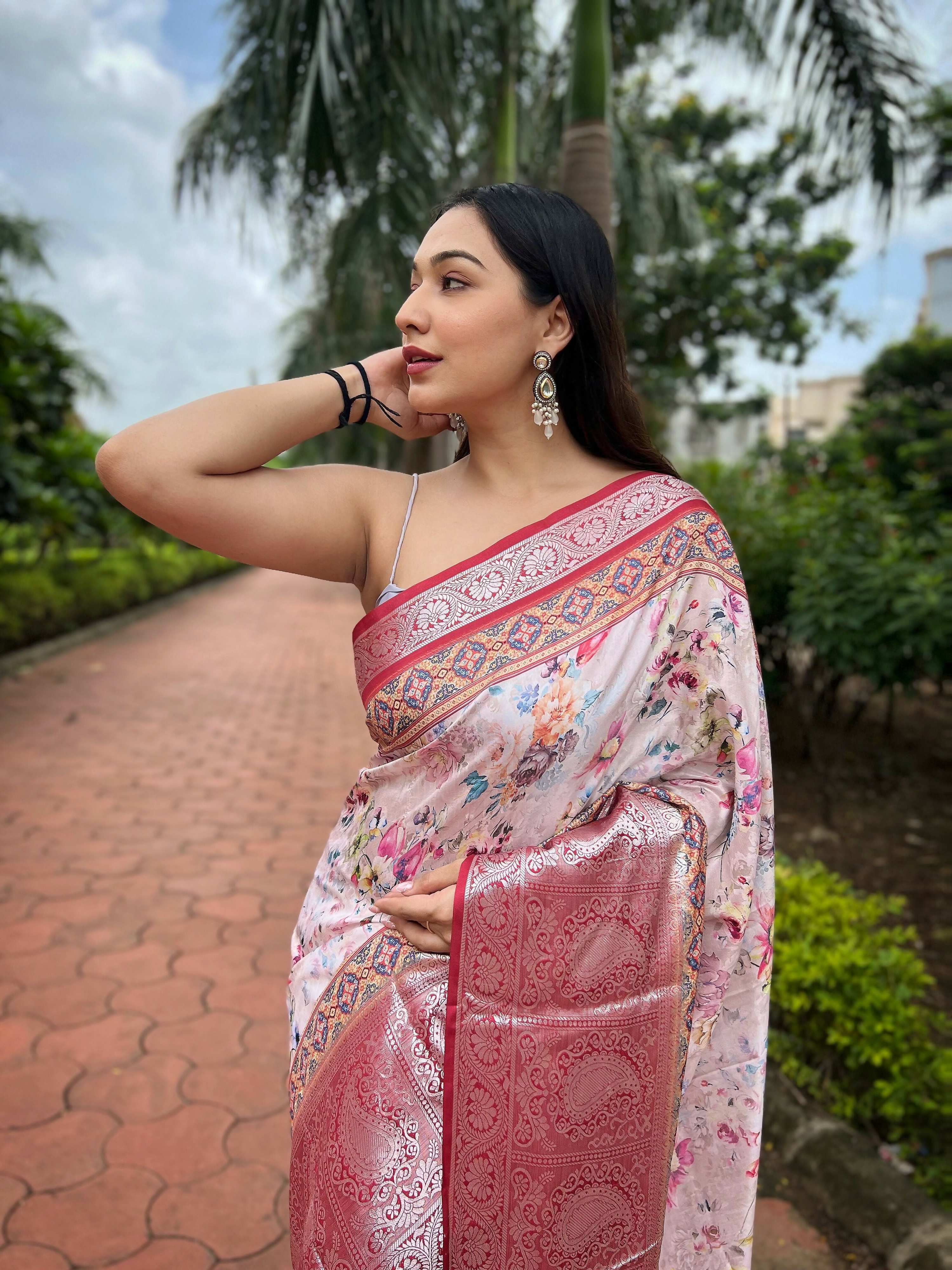 Vamsee Bhavi Red Tussar Dola Satin Silk Saree | Grocsy