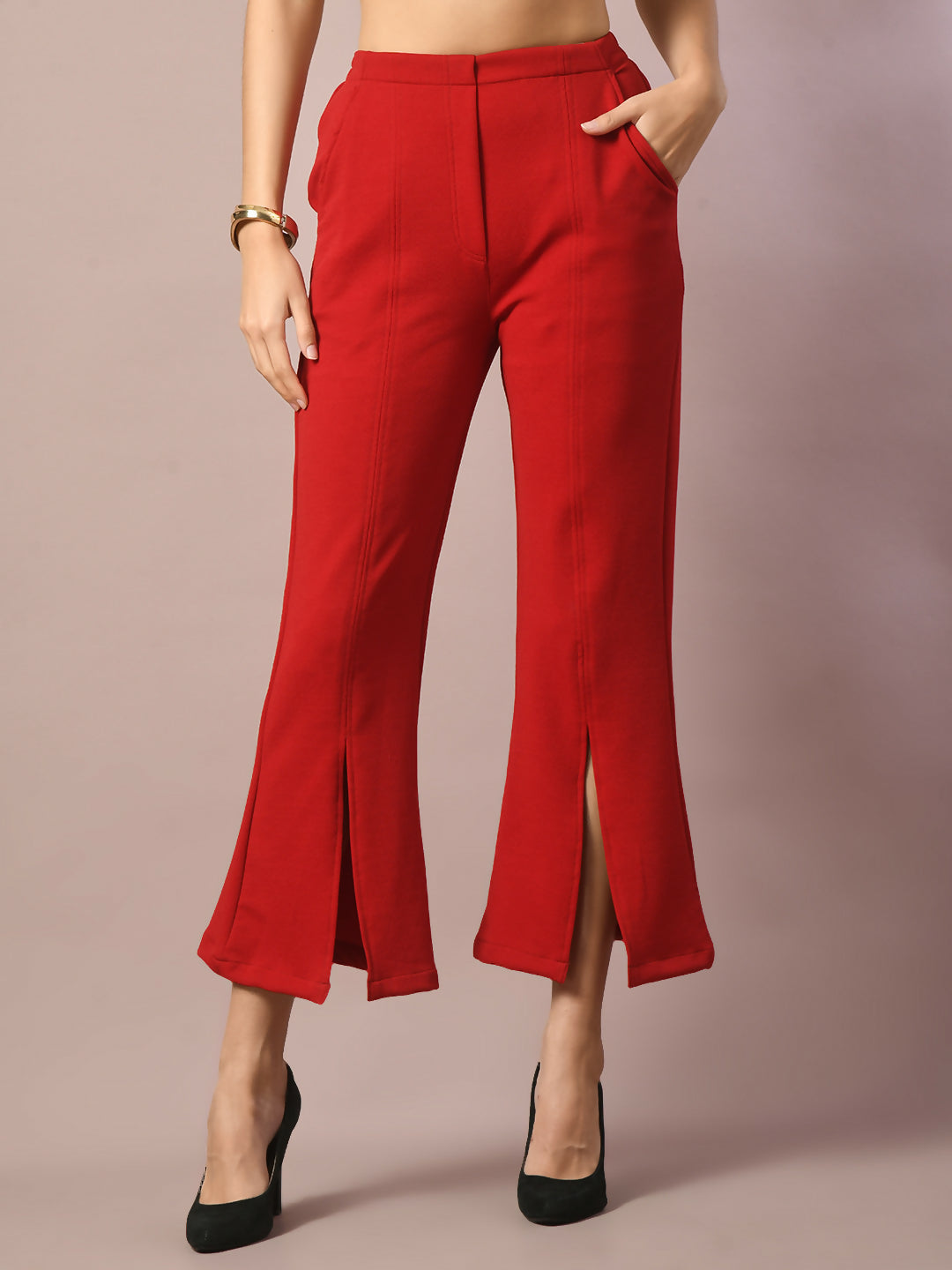 Myshka Women's Red Solid Party Parallel Trousers | Grocsy