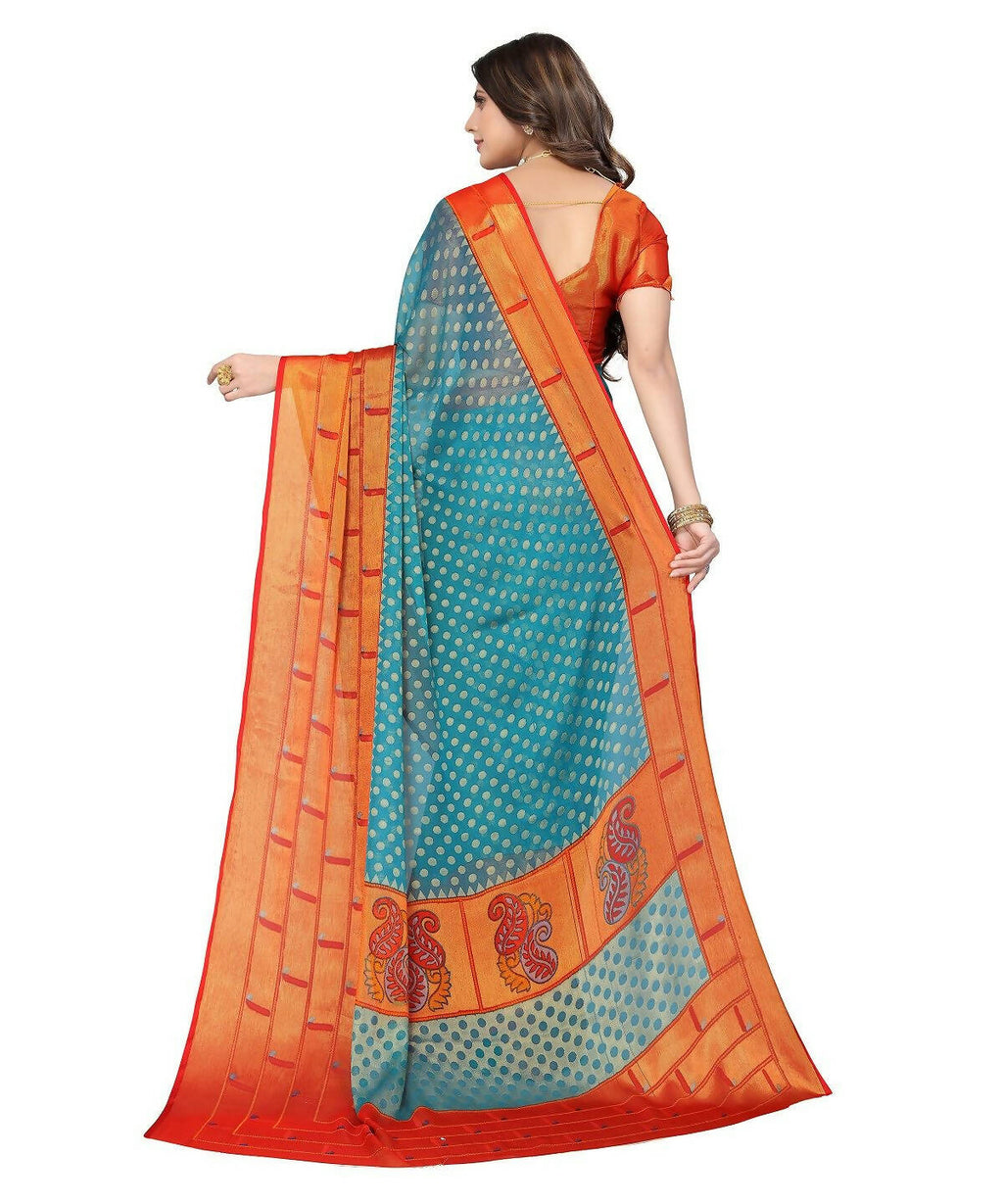 Vamika Sky Blue Chiffon Brasso Bollywood Style Woven Saree (DIMPLE SKY BLUE) | Grocsy