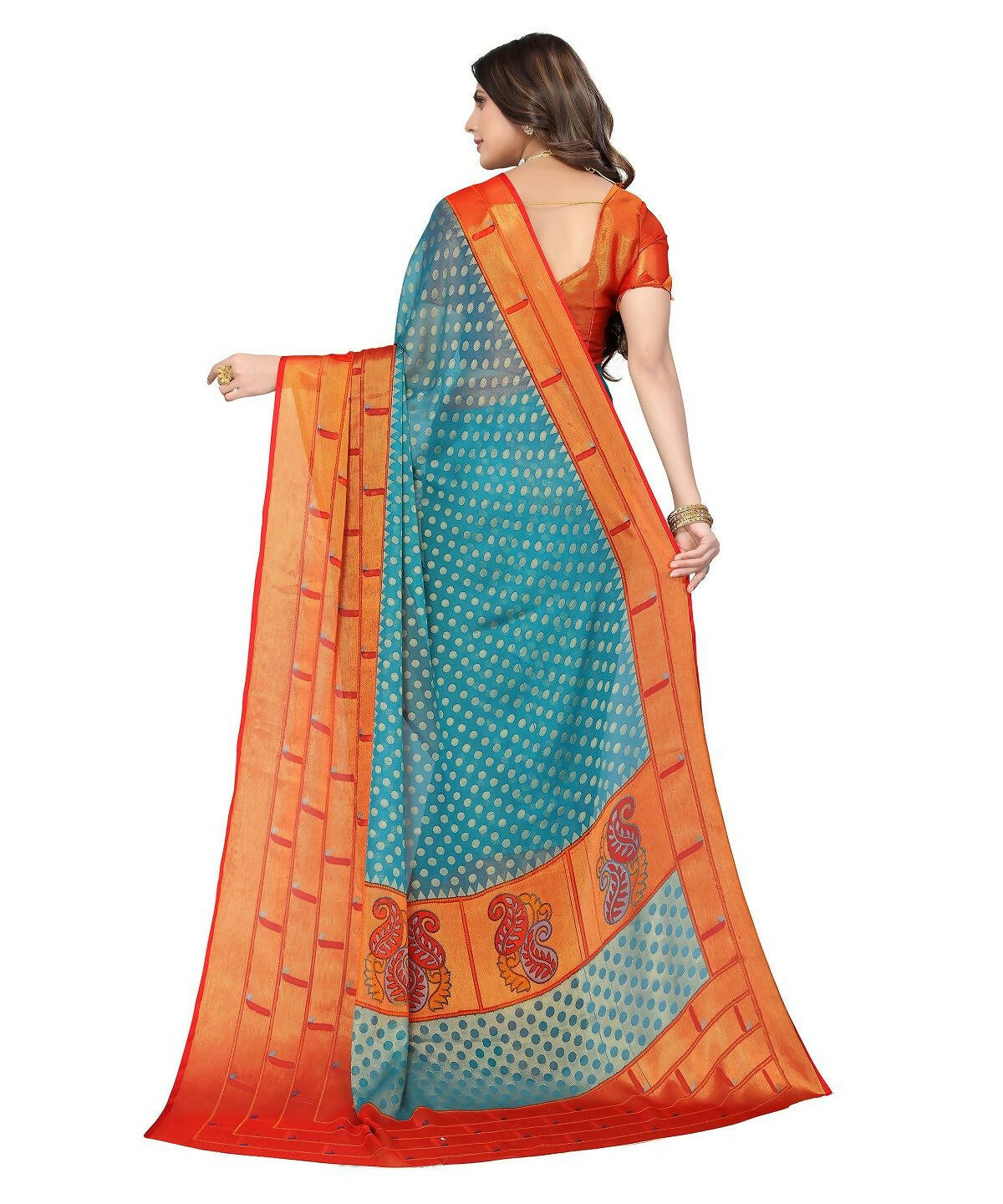 Vamika Sky Blue Chiffon Brasso Bollywood Style Woven Saree (DIMPLE SKY BLUE) | Grocsy