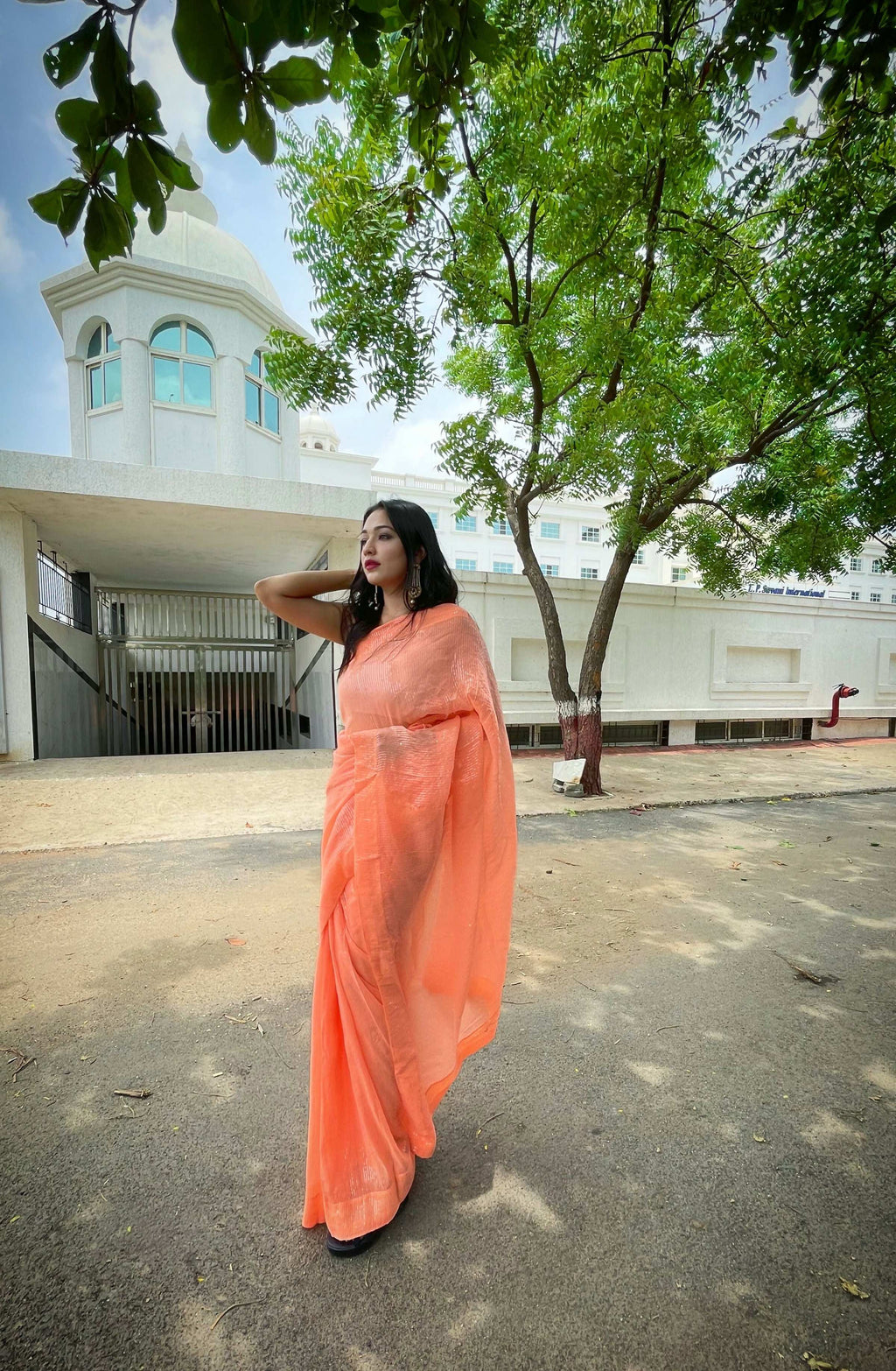Vamsee Solid Color Sea Orange Georgette Saree | Grocsy
