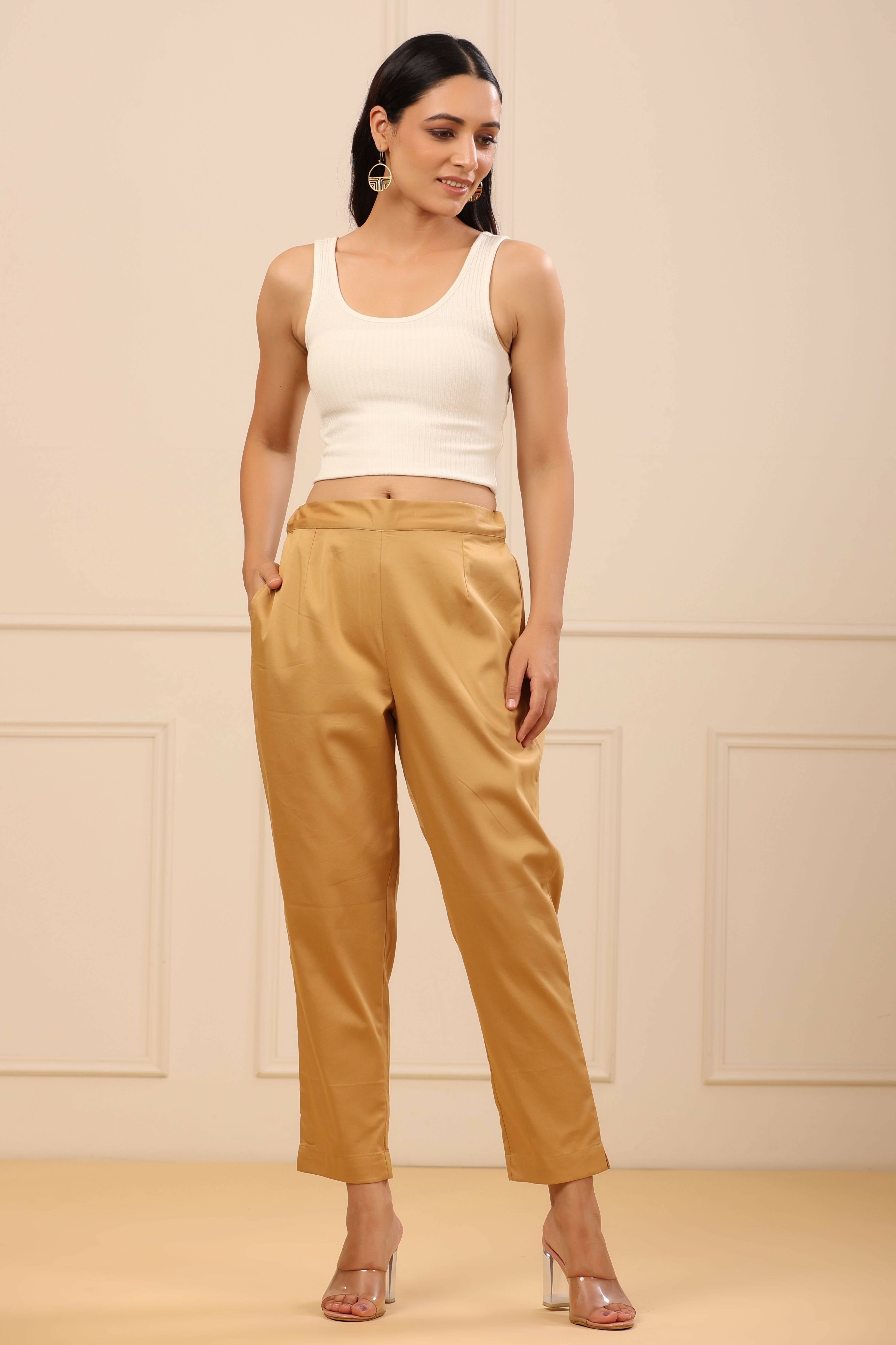 Juniper Women's Beige Solid Straight Slim Pant | Grocsy