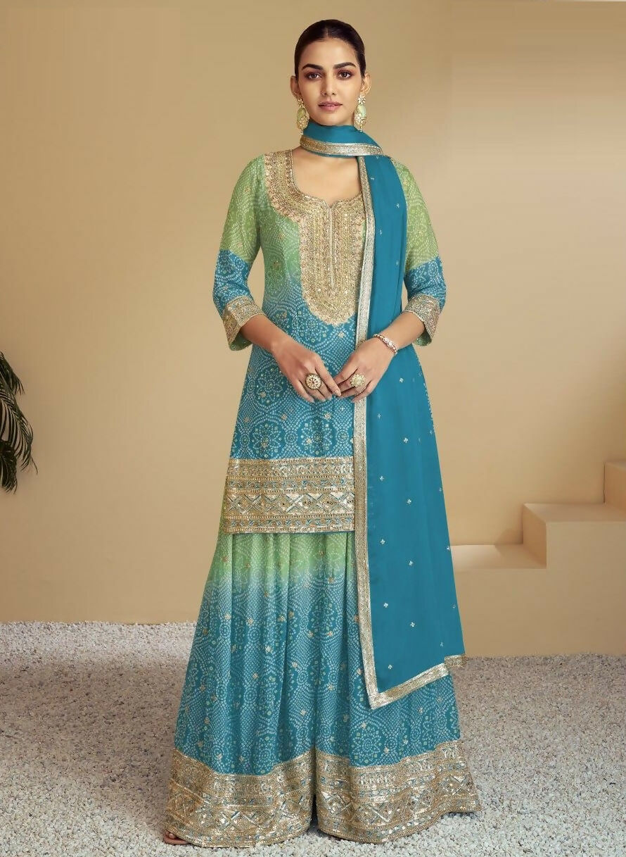 Anaita Blue Digital print with Embroidered Silk Stitched Plazo Suit | Grocsy