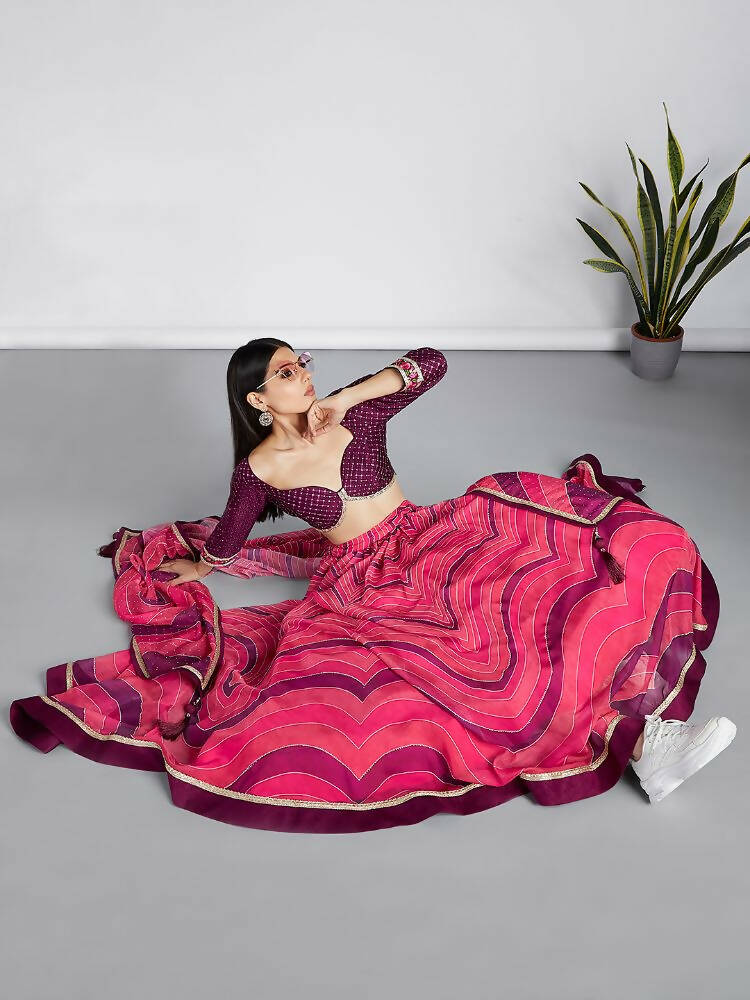 House of Panchhi Rose Organza Siroski Stone Work Leheriya Print Lehenga Choli & Dupatta | Grocsy