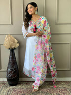 Partywear Designer Chanderi With Cotton Lining White Stitched Suit With Dupatta - Tanisha | Grocsy