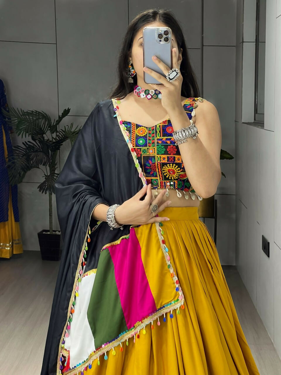 Yash Enterprise Mustard Rayon Cotton Embroidery Semi Stitched Navratri Chaniya Choli | Grocsy