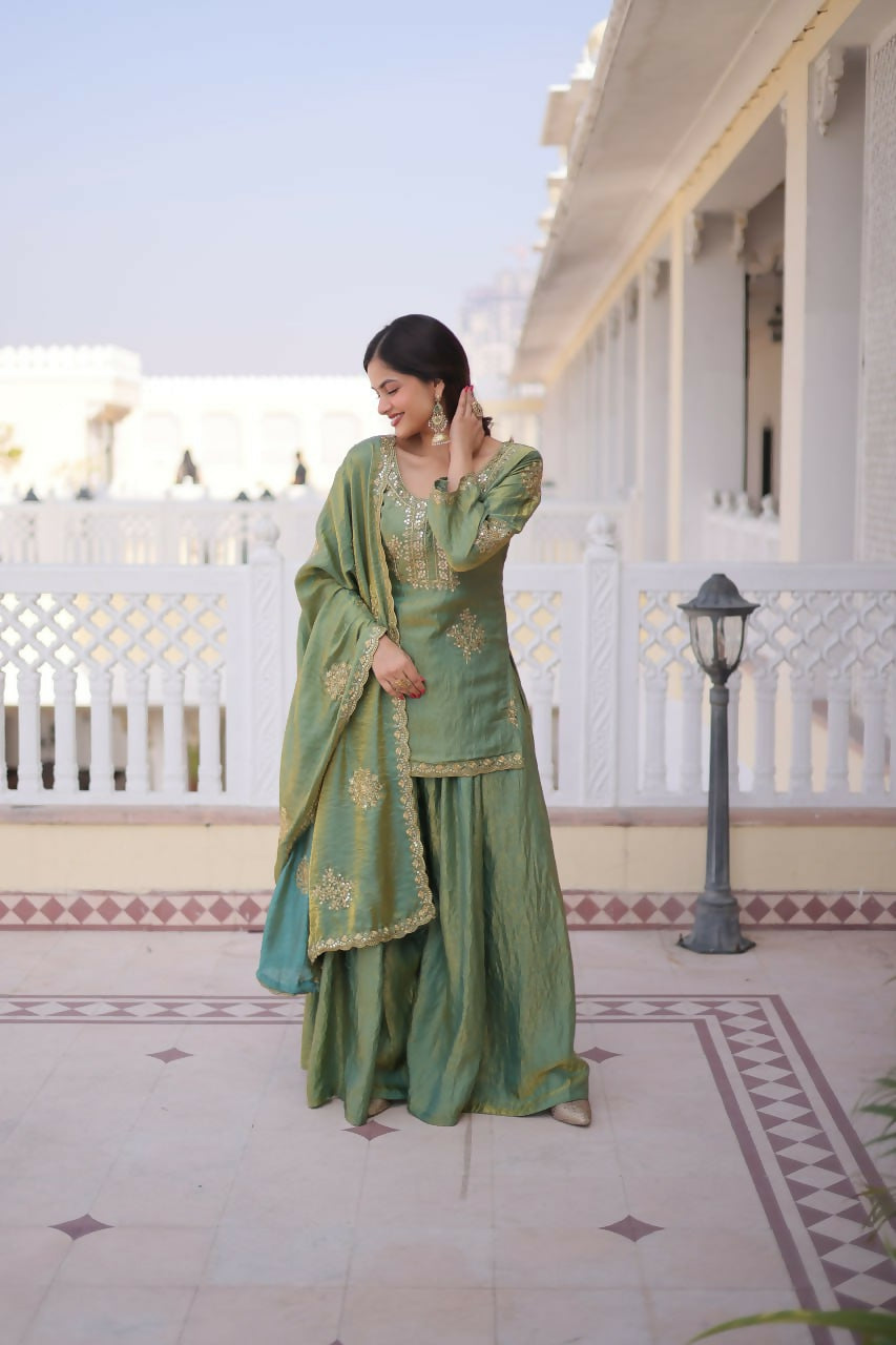 Teeya Creation Womens New Stylish Fendi Crush With Zari Sequins Embroidered Work Kurta Set | Grocsy