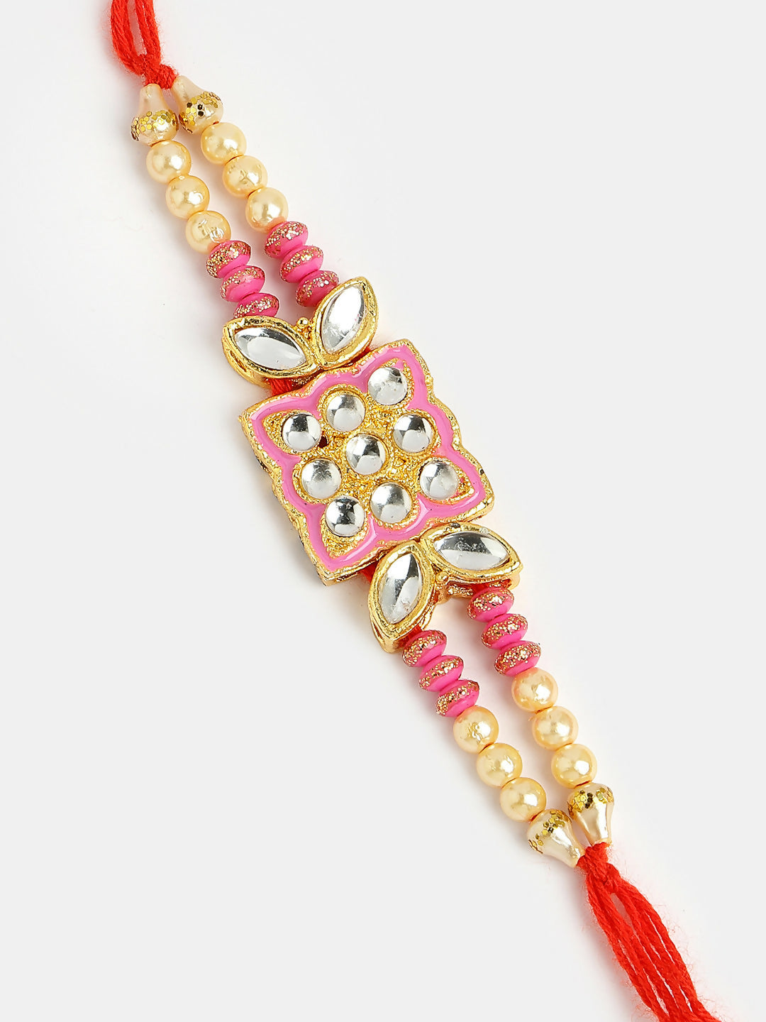NVR Men Pink & Gold-Toned Kundan-Studded Rakhi With Roli Chawal & Chocolate | Grocsy