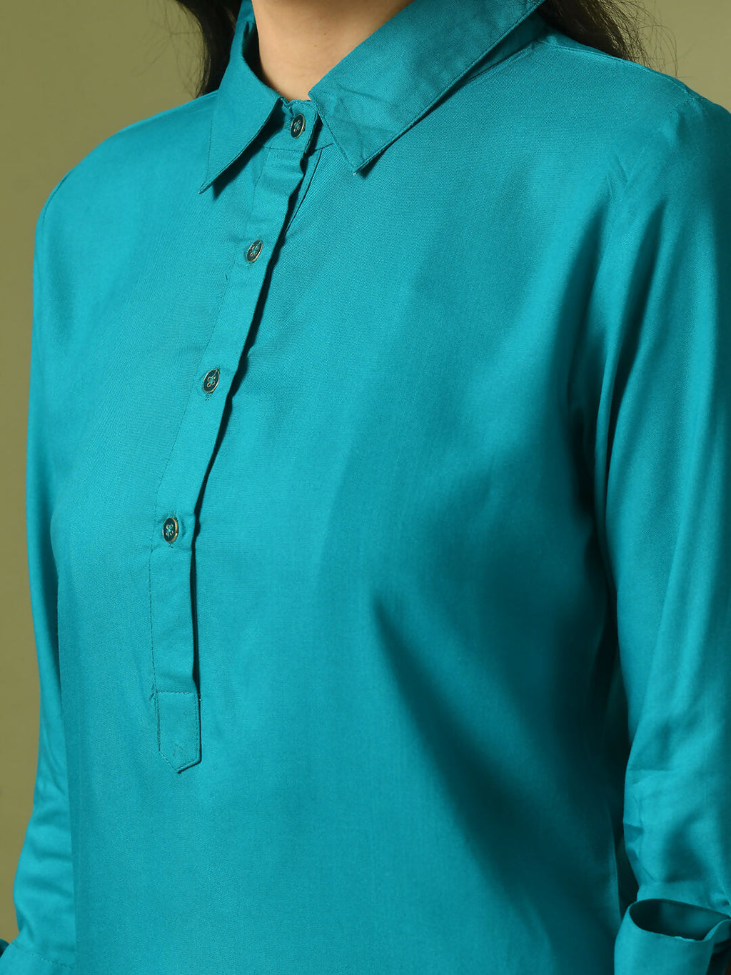 Myshka Women's Turquoise Blue Solid Cotton Longline Party Sheer Tunic | Grocsy