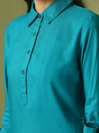 Myshka Women's Turquoise Blue Solid Cotton Longline Party Sheer Tunic | Grocsy