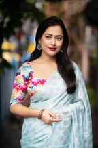 Blue Poly Crepe Ethnic Motifs Saree with Unstitched Blouse - A2M | Grocsy