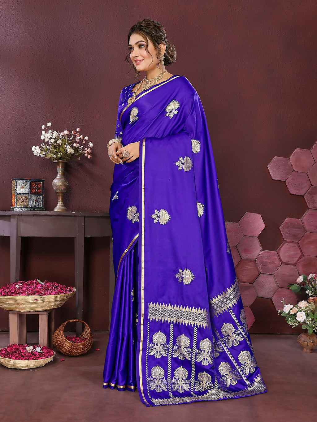 Joban Fashion Royal Blue Floral Motifs Banarasi Silk Sarees | Grocsy