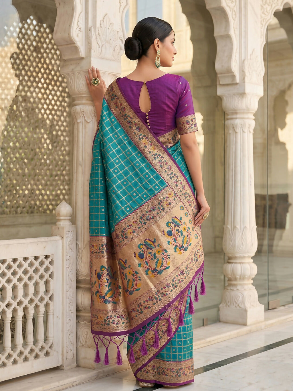 Shree Shyam Fashion Turquoise Banarasi Silk Blend Saree | Grocsy
