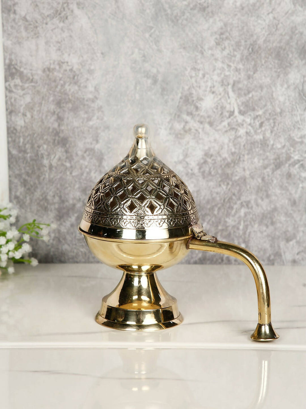 CraftVatika Gold-Toned Dhoop Dani Loban With Handle & Incense Stick Holder Showpiece | Grocsy