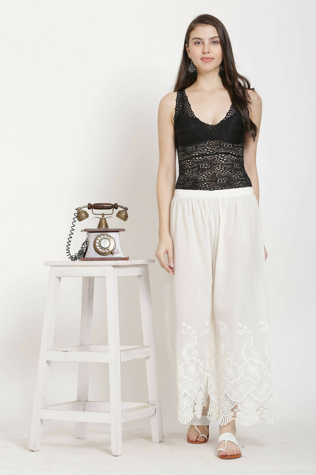 PAVONINE White Color Chikankari Lace Scalloped Hem Cotton Fabric Sharara | Grocsy
