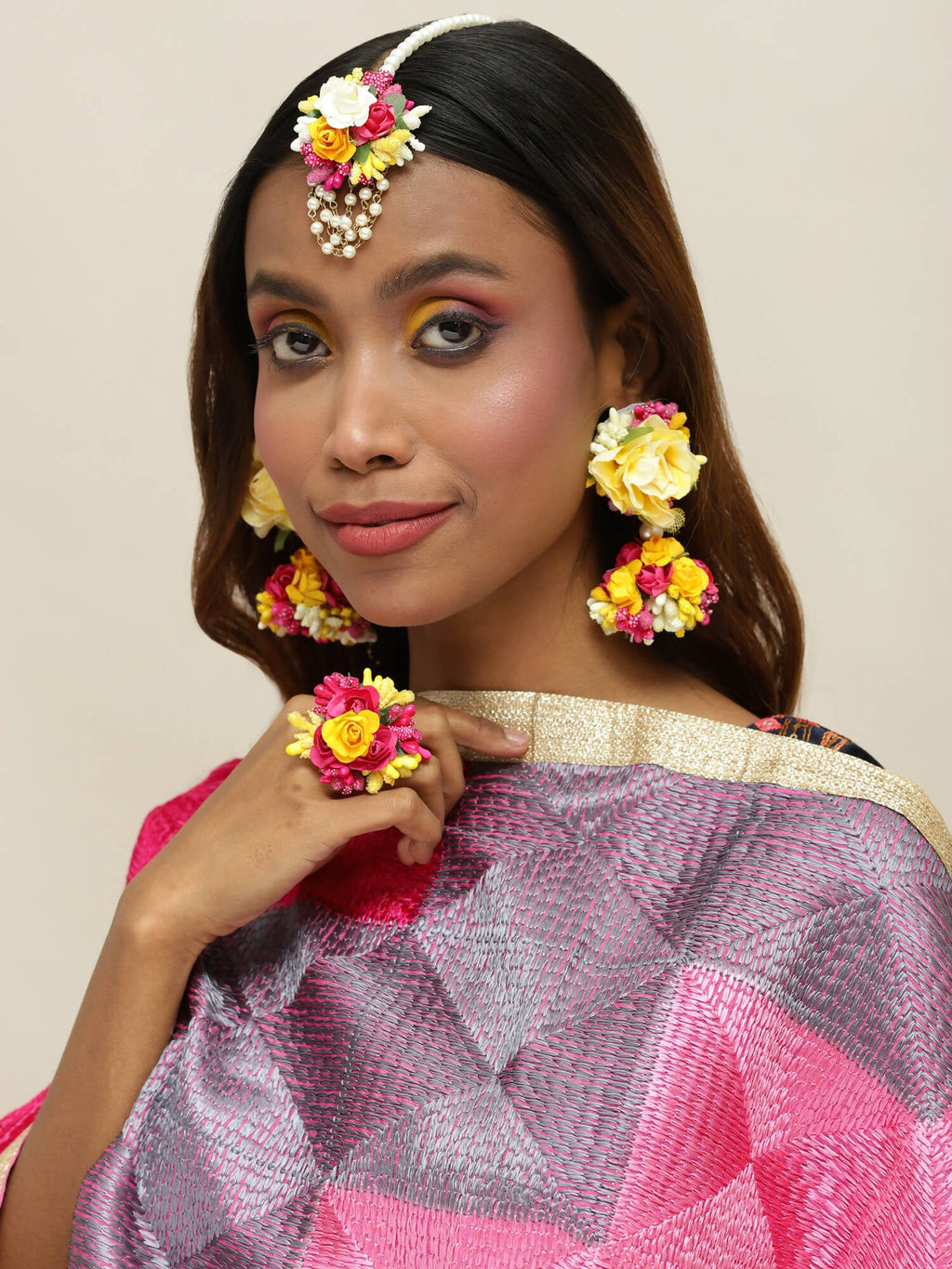 Yellow Pink Beaded Flower Jewellery Set - Ruby Raang | Grocsy