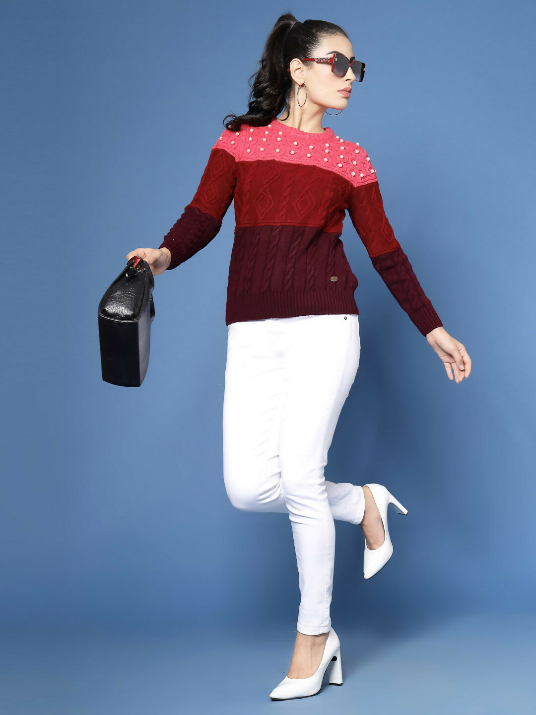 Women Color Block Marron Acrylic Winter Sweater - Wool Trees | Grocsy