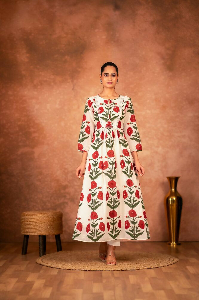 Joban Fashion Red Rose Floral Hand Block Printed Cotton Kurta Pant Set | Grocsy