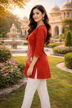 Teeya Creation Womens New Latest Cotton Orange Floral Embroidered Short Kurti | Grocsy
