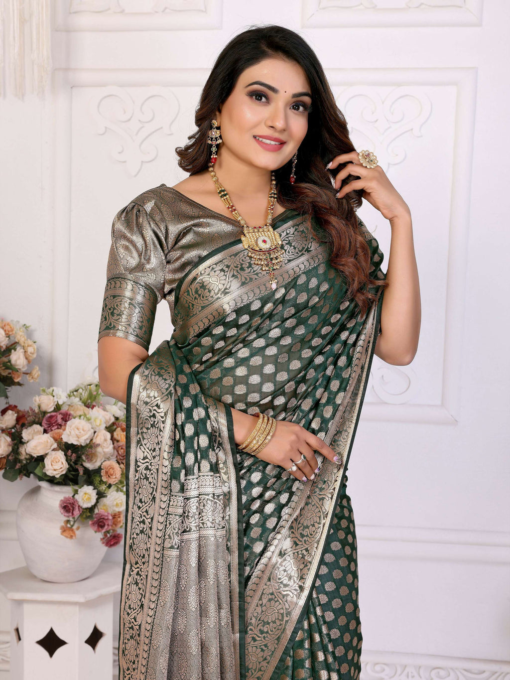Aastha Fashion Dark Green Organza Silk Weaving Saree | Grocsy
