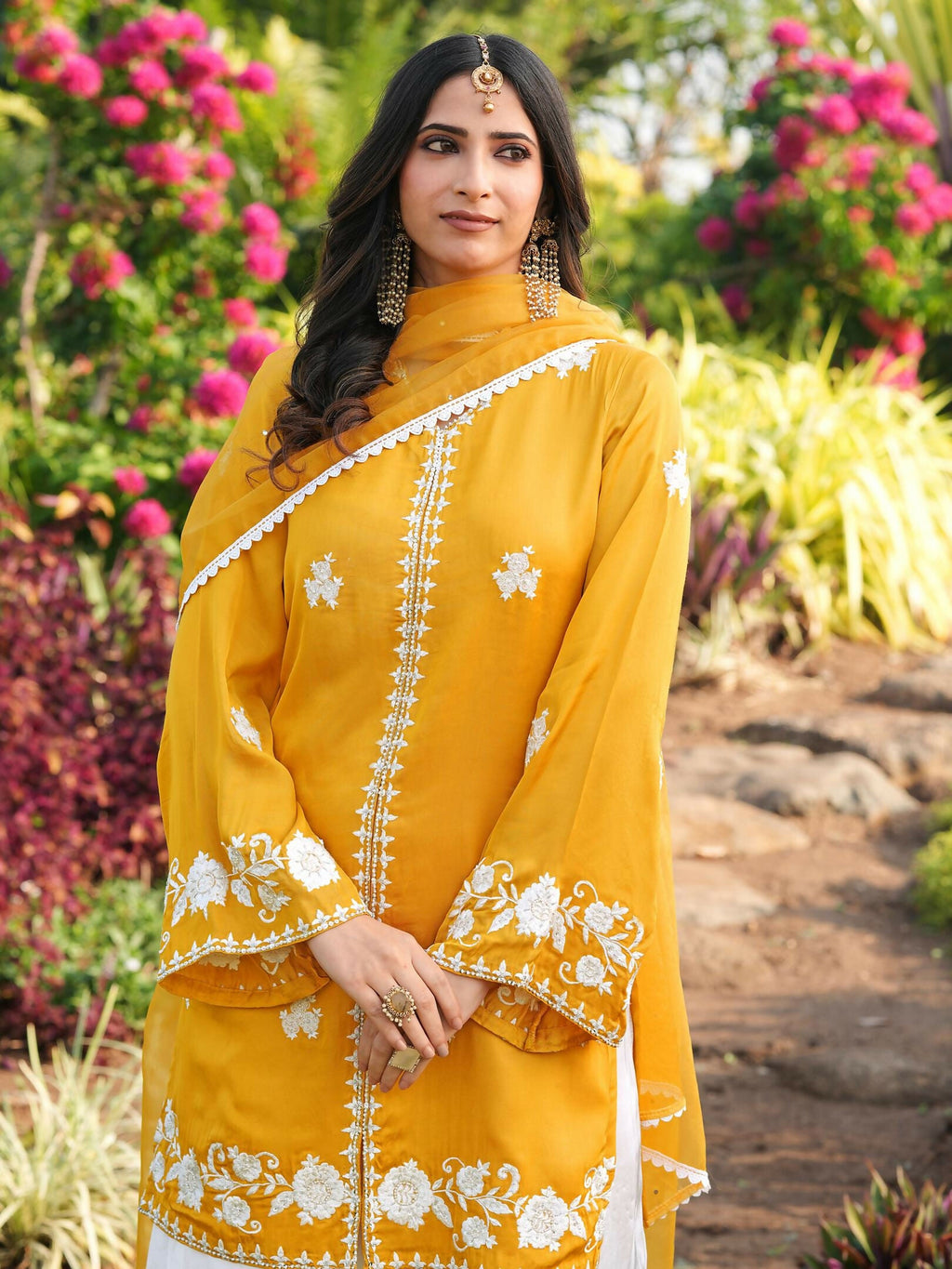 Nikhaar Yellow Embroidered Modal Silk Stitched Straight Cut Kurta Kalidar Palazzo Dupatta Readymade Suit | Grocsy