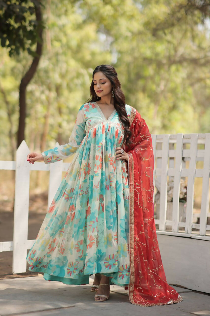 Vastranavya Digital Printed Russian silk & Stitch Canvas Patta Gown with Dupatta - Sky Blue | Grocsy