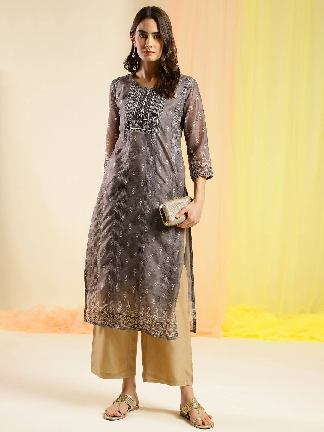 Grey Chinon Digital Printed With Hand Work Kurta - Himanshi | Grocsy