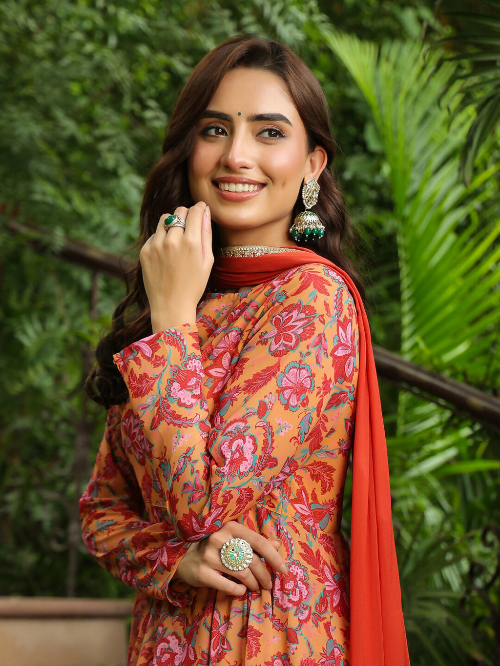 Janasya Mustard Georgette Floral Kurta,Bottom & Dupatta | Grocsy