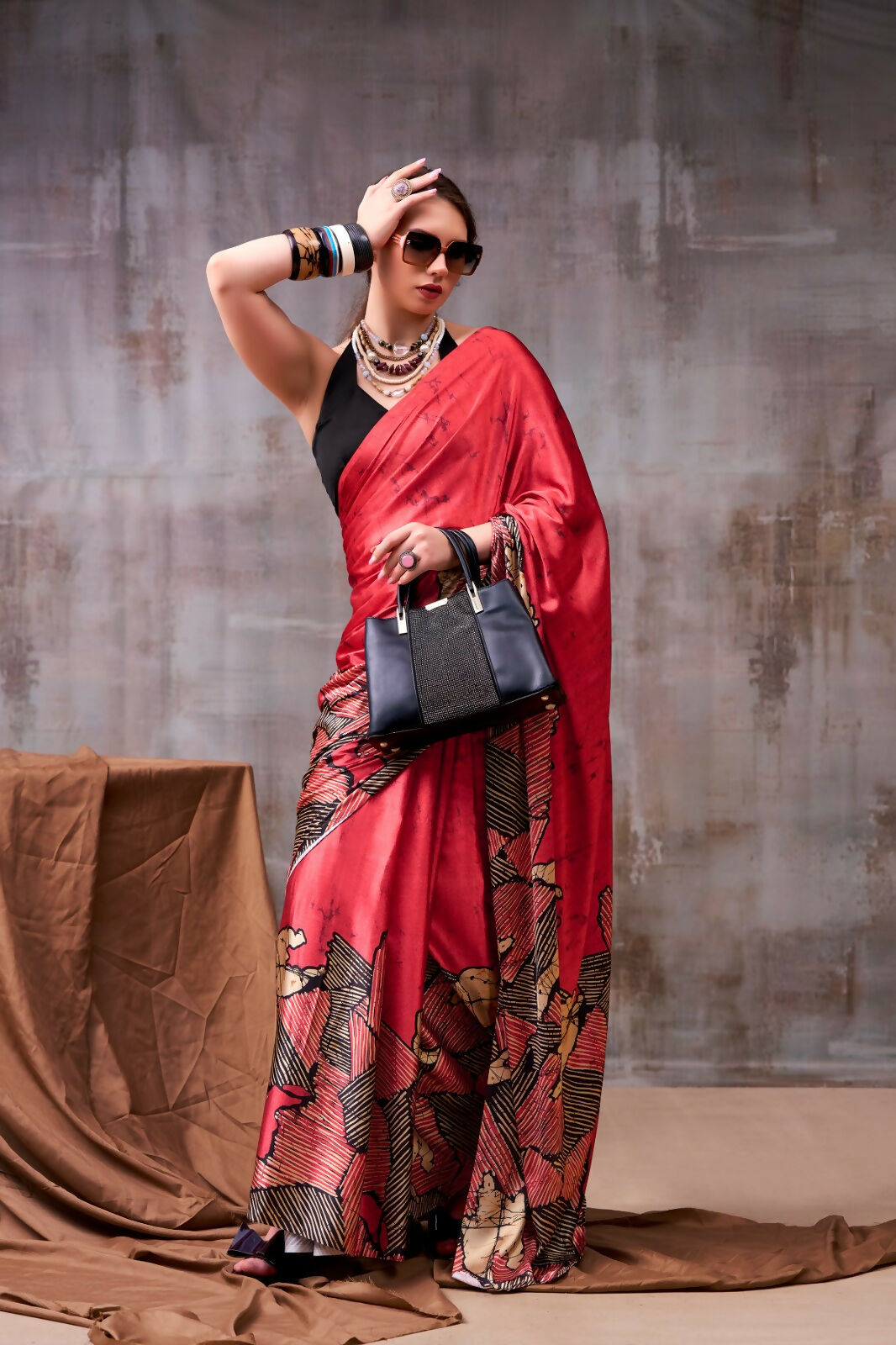 Vastranavya Red Satin Silk Printed Saree with a Natural Silk Unstitched Blouse | Grocsy