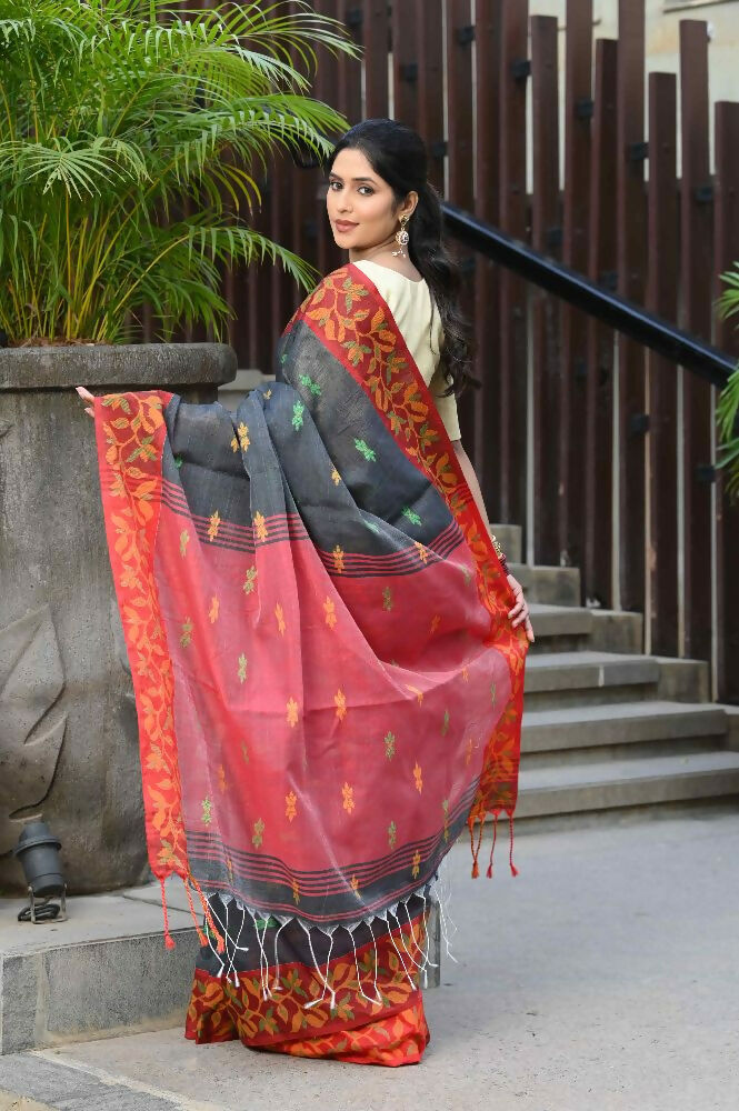 Beatitude Grey Slub Cotton Floral Jamdani Saree | Grocsy
