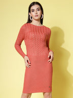 Women Rust Acrylic Self Design Winter Dress - Wool Trees | Grocsy