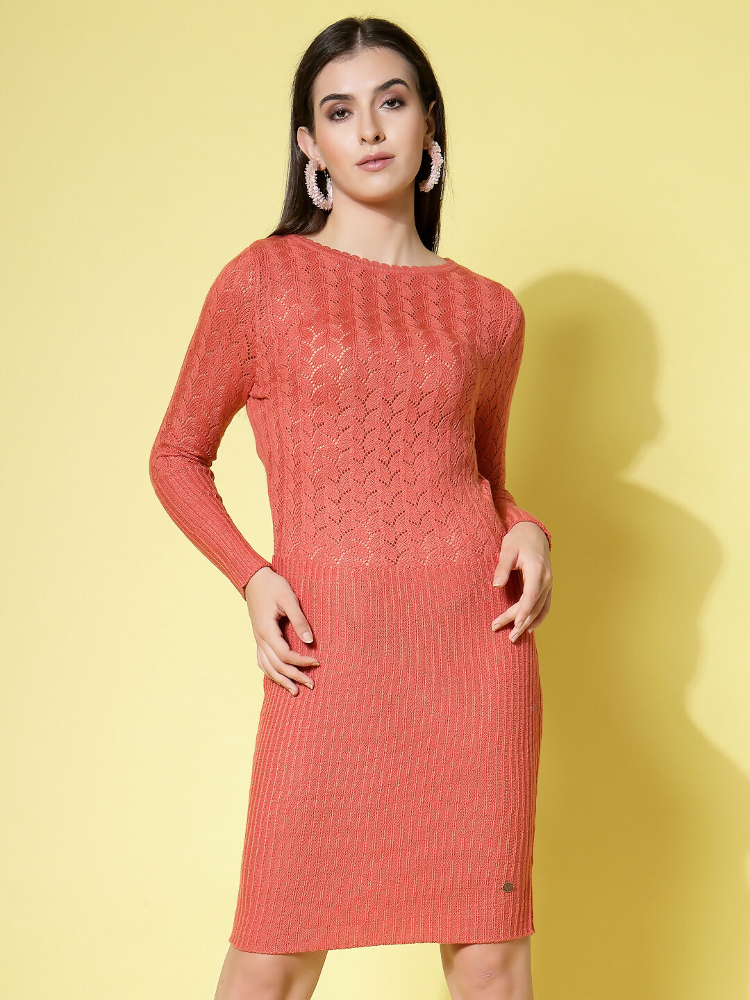 Women Rust Acrylic Self Design Winter Dress - Wool Trees | Grocsy