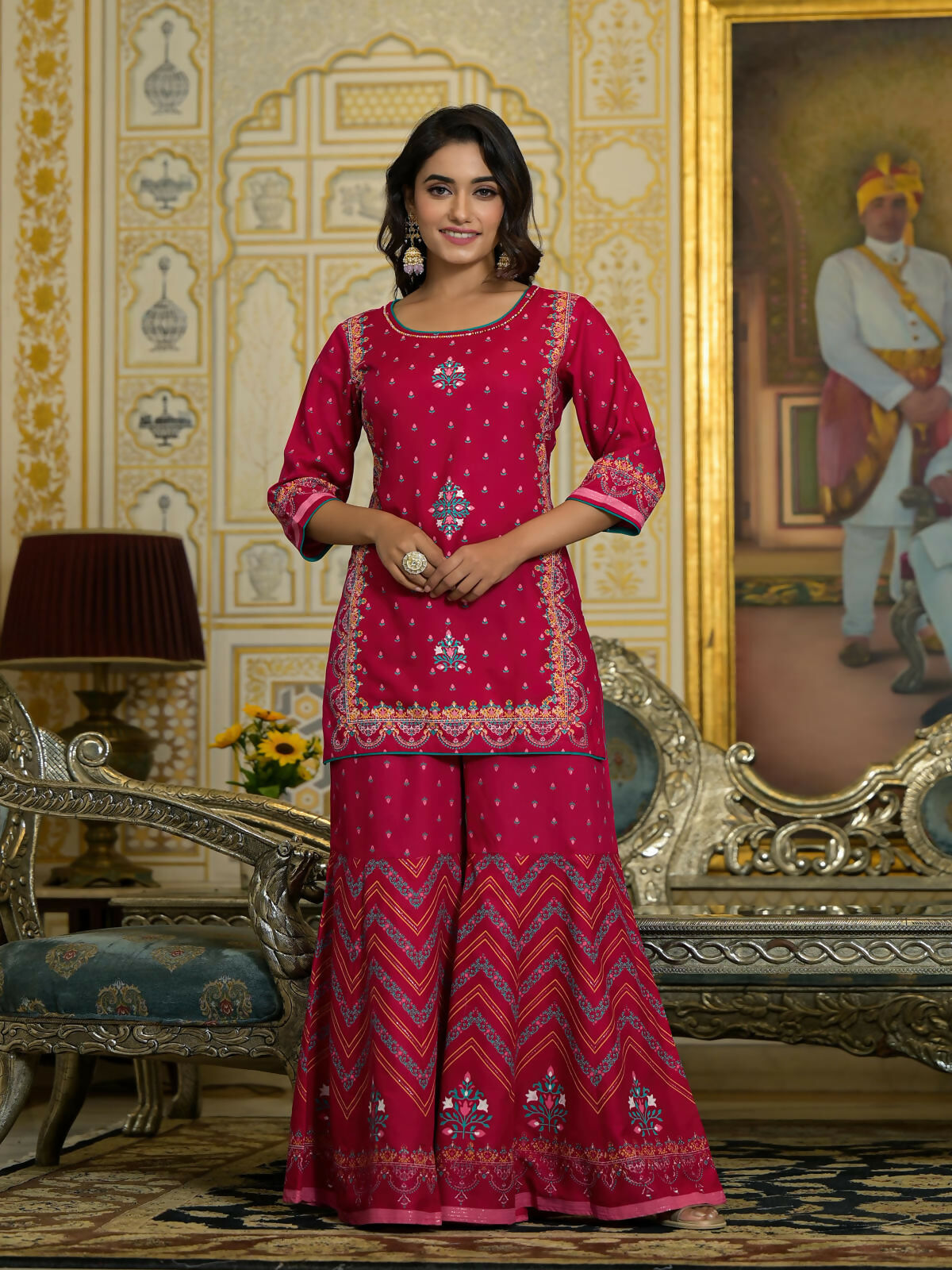 Juniper Women's Fuchsia Ethnic Motif Printed Liva Rayon Tunic Sharara and Dupatta Set With Sequins & Gota Patti Work | Grocsy